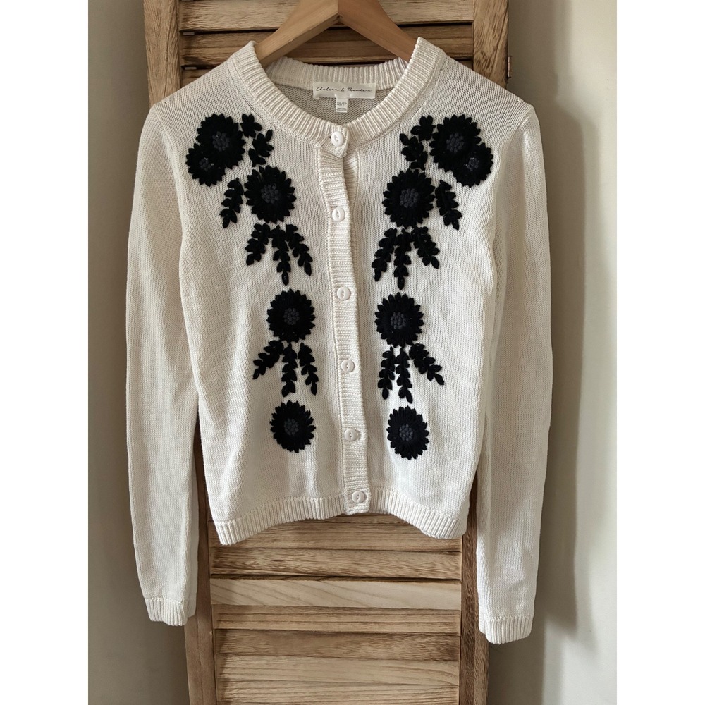 Chelsea & Theodore Womens Ivory White Black Floral Embroidered Cardigan XS